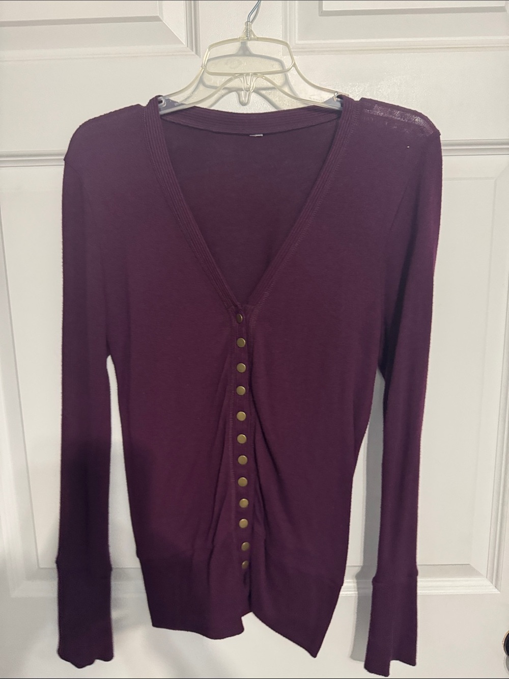Trio of Women's V-Neck Button Cardigan Sweaters- Green, Plum, Orange - Picture 4 of 7